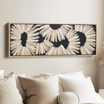 Panoramic Wall Art Black Brushstroke Flower Pattern for Dining Room canvas in an oak frame, above the bed