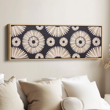 Modern Boho Mandala Pattern Horizontal Wall Art for Bedroom canvas in an oak frame, above the bed