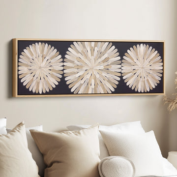 Hallway Wall Art Long Horizontal Three Brushstroke Medallions canvas in an oak frame, above the bed