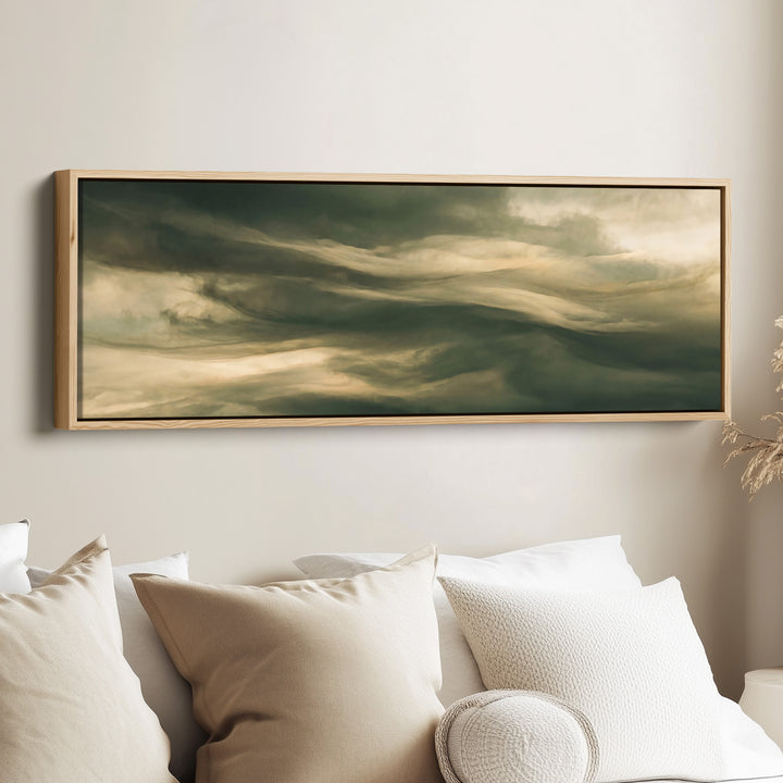 Moody Swirling Clouds Horizontal Wall Art Large Canvas for Office canvas in an oak frame, above the bed