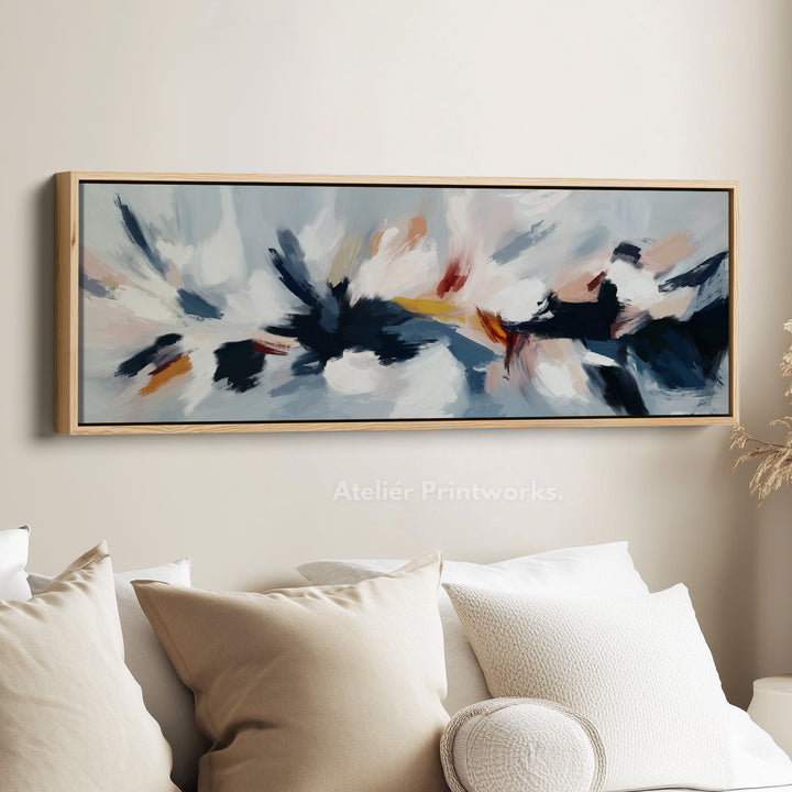 Abstracte blauwe, witte en roze horizontale lange wanddecoratie