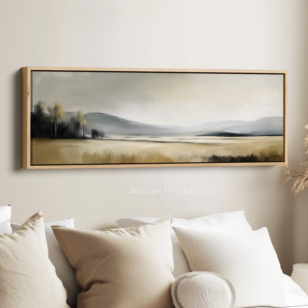 Long Neutral Misty Landscape Canvas Artwork for Above Bed or Living Room