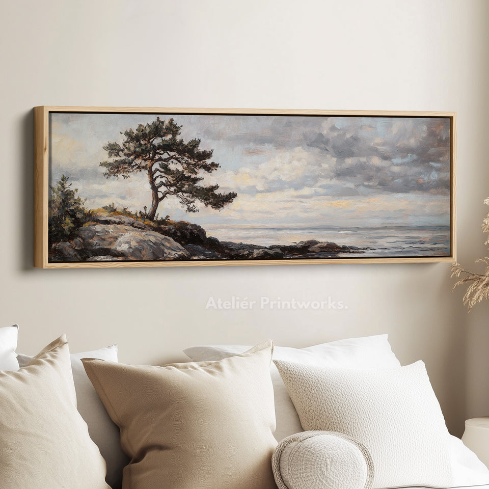 Vintage landschap kunstwerk lange smalle grote ingelijste canvas