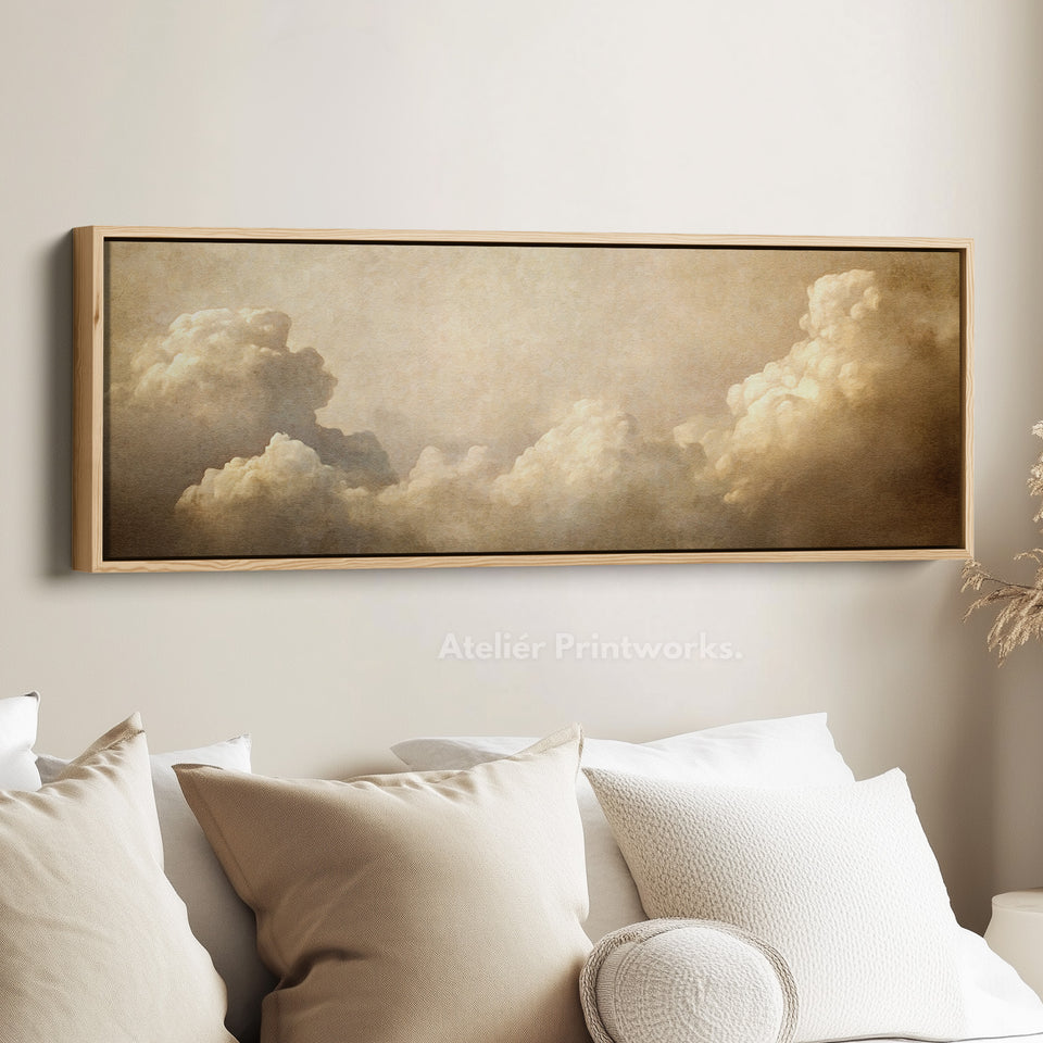 Long Horizontal Vintage Cloud Artwork Above Bed Wall Art