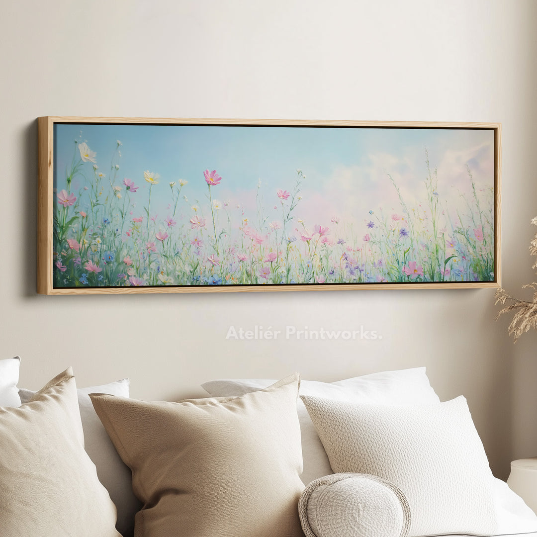 Wilde bloemen grote ingelijste canvas lange smalle horizontale wanddecoratie