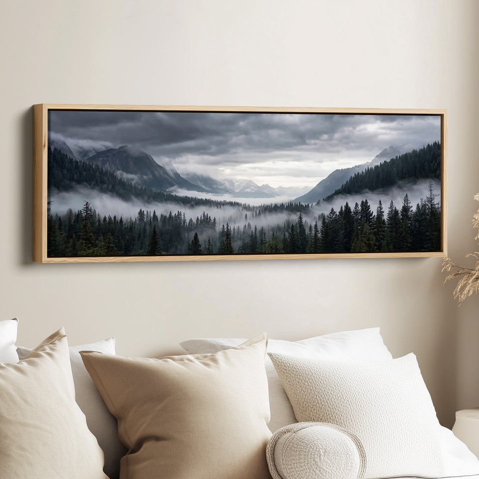 Horizontal Wall Art Foggy Forest Valley Wide Canvas For Living Room