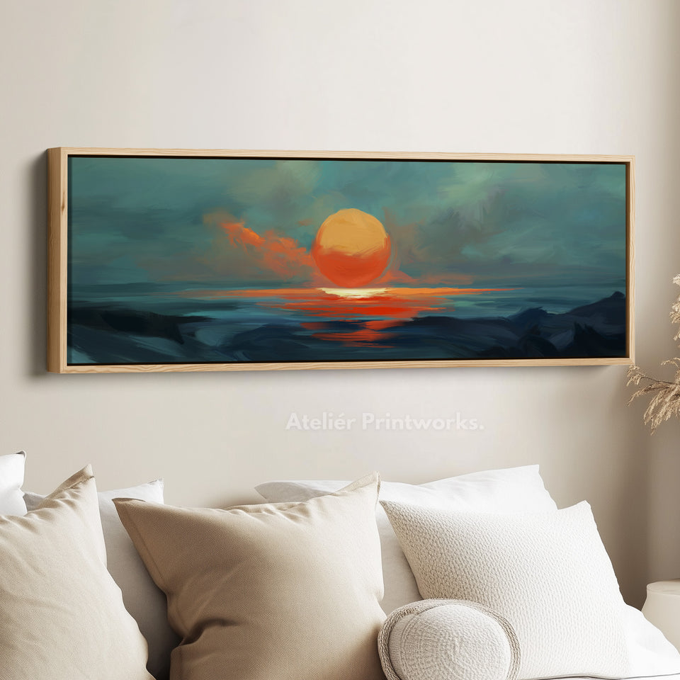 Minimalist Ocean Sunset Narrow Wide Horizontal Wall Decor Large Framed Canvas