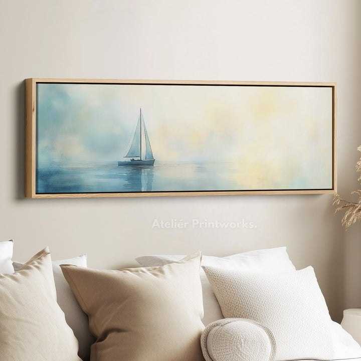 Kalmerende aquarel zeilboot grote ingelijste lange canvas horizontale wanddecoratie