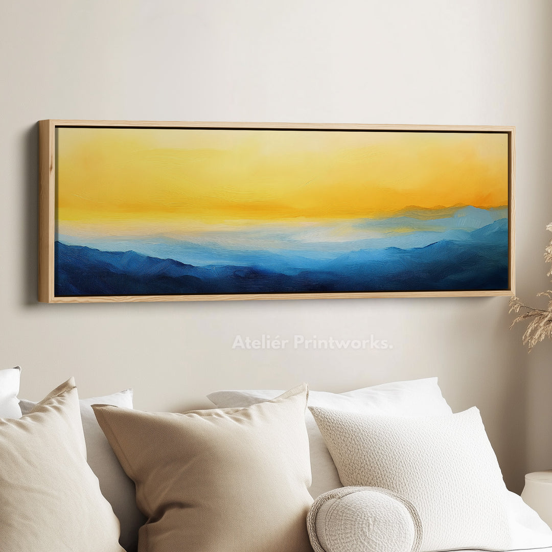 Abstract blauw en geel lang smal panoramisch wandkunst canvas