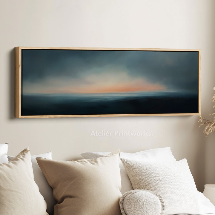 Abstracte zonsondergang boven bed lange smalle panoramische canvas wanddecoratie