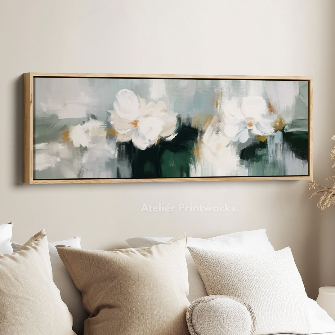 Horizontal Wall Art White Abstract Floral Canvas Print – Soft Neutral Brushstroke Flowers – Modern Above Sofa Art for Living Room