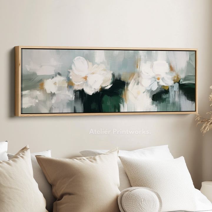 Horizontal Wall Art White Abstract Floral Canvas Print – Soft Neutral Brushstroke Flowers – Modern Above Sofa Art for Living Room