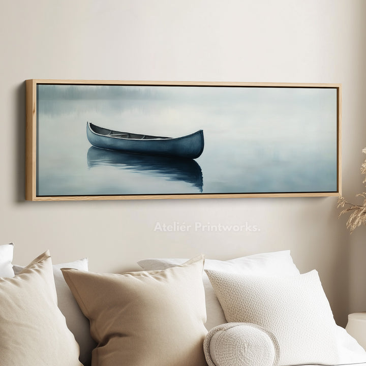 Misty Lake Kanoë Breed Gevoegd Boven Bed Muurkunst