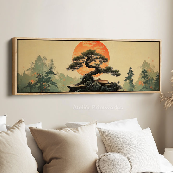 Lange panoramische wanddecoratie bonsaiboom botanische wandkunst