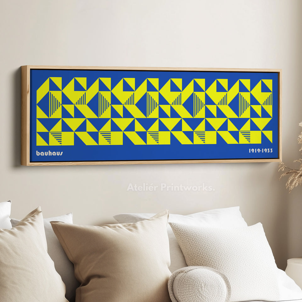 Blue & Yellow Large Framed Long Wall Art Mid Century Bauhaus