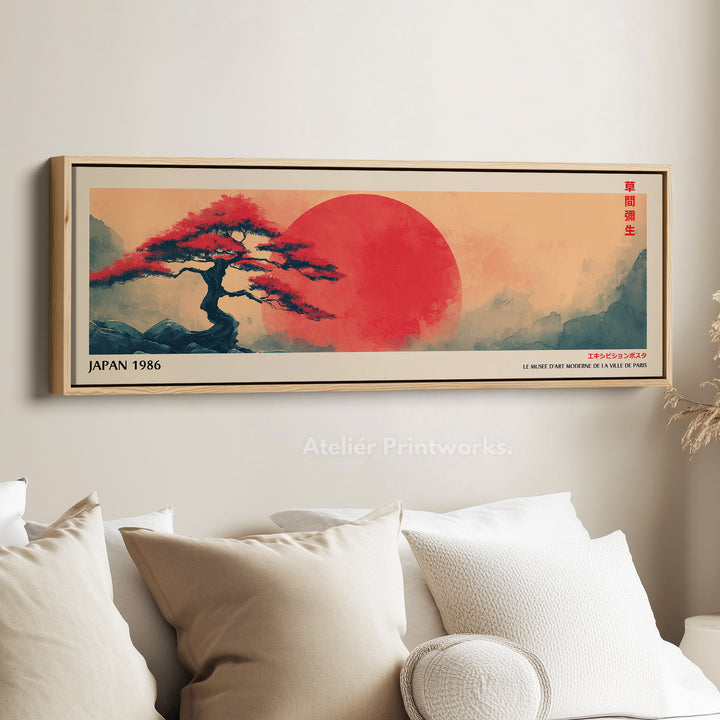 Red Sun and Bonsai – Long Narrow Japandi Wall Art Japanese Tree Landscape Canvas
