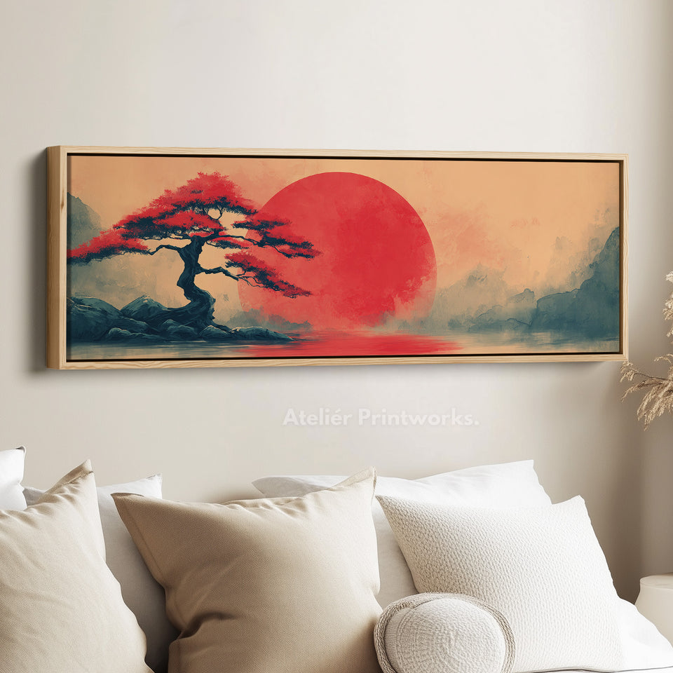 japanese bonsai tree painting Bonsai Tree with Red Sun – Long Narrow Japanese Landscape Canvas