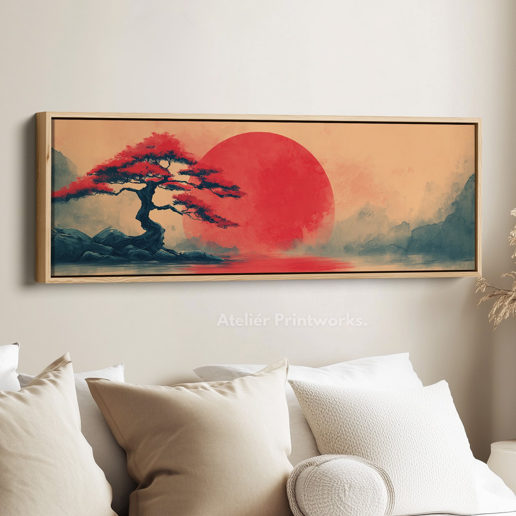 bonsai tree wall art Bonsai Tree with Red Sun – Long Narrow Japanese Landscape Canvas