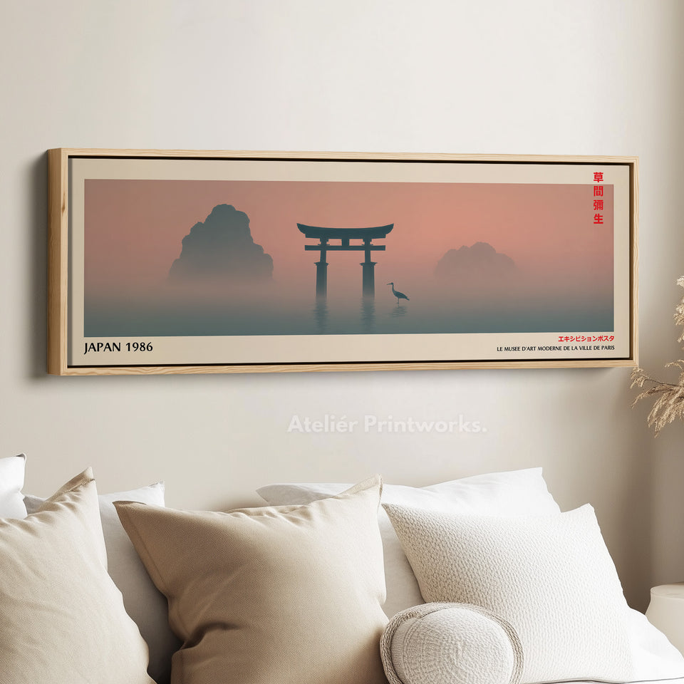 Torii-poort en rode zon – panoramische Japanse wanddecoratie - lang smal rustig landschap canvas