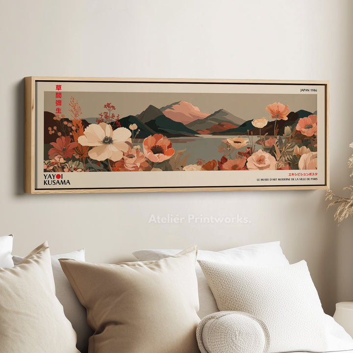 Yayoi Kusama Floral Landscape – Long Narrow Framed Canvas - Japanese Flower & Mountain Wall Art
