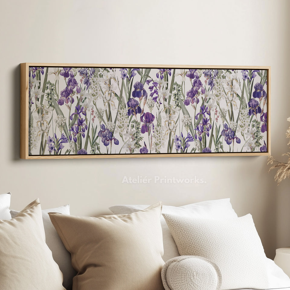 Lang gedurfd bloemrijk botanisch canvas in marineblauw en roze voor woonkamer