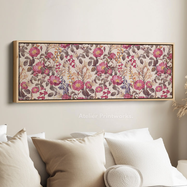Horizontal wall art botanical floral repeat pattern with butterflies for living room or bedroom