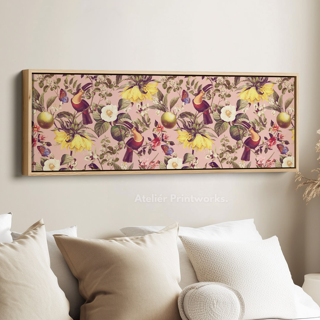 Long narrow canvas tropical botanical with toucans and citrus fruit for living room or bedroom