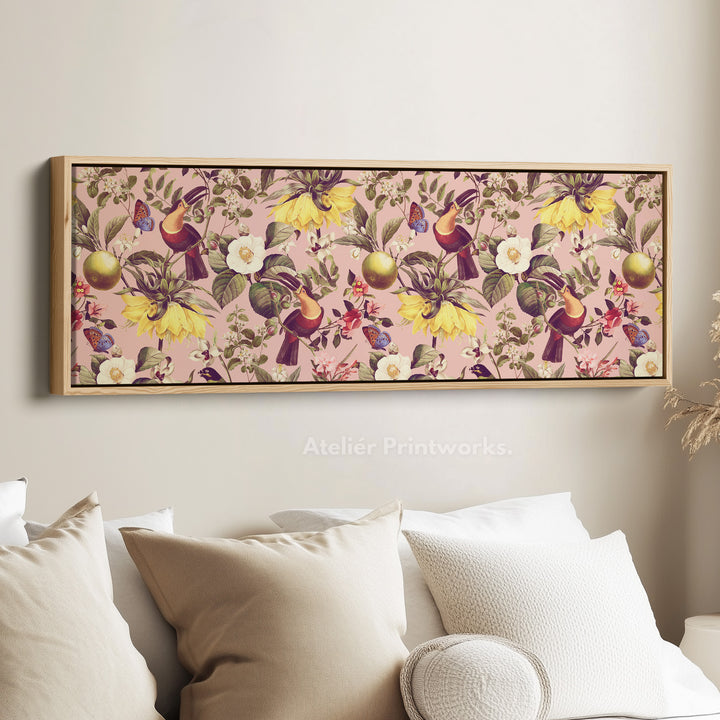 Long narrow canvas tropical botanical with toucans and citrus fruit for living room or bedroom