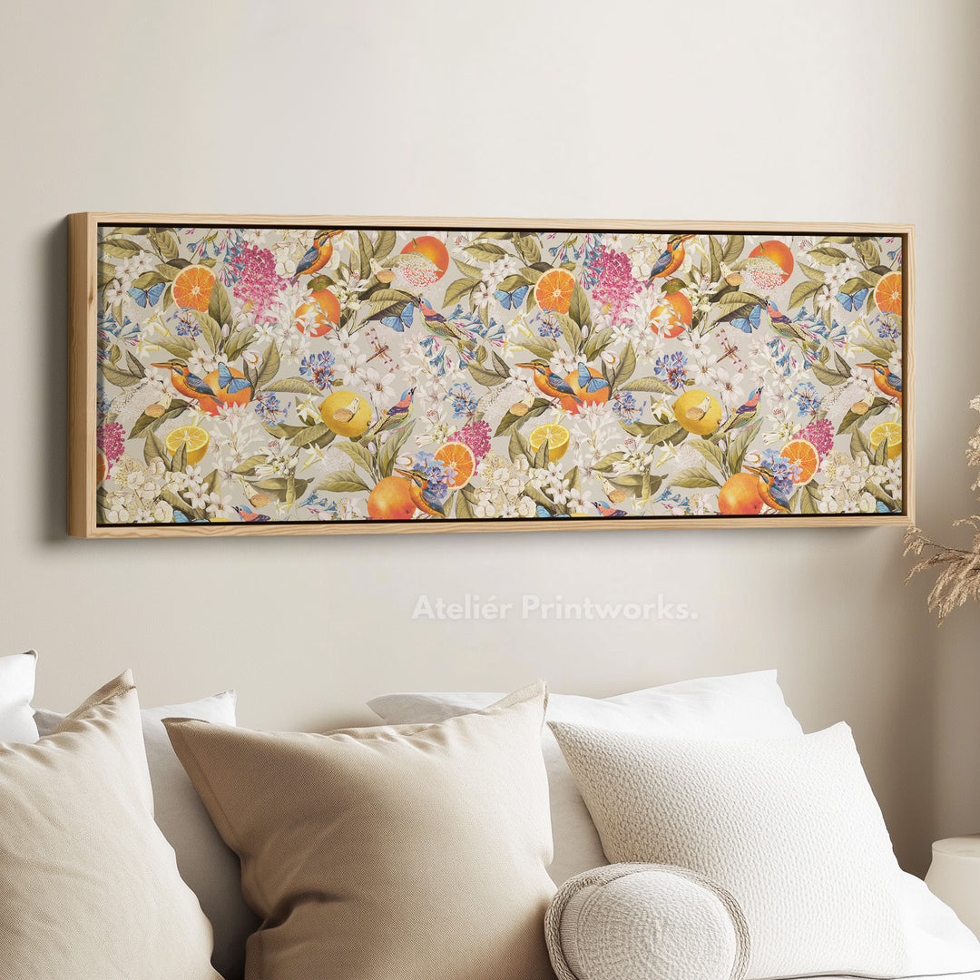 Wide wall art bright botanical with oranges butterflies and birds for living room or bedroom
