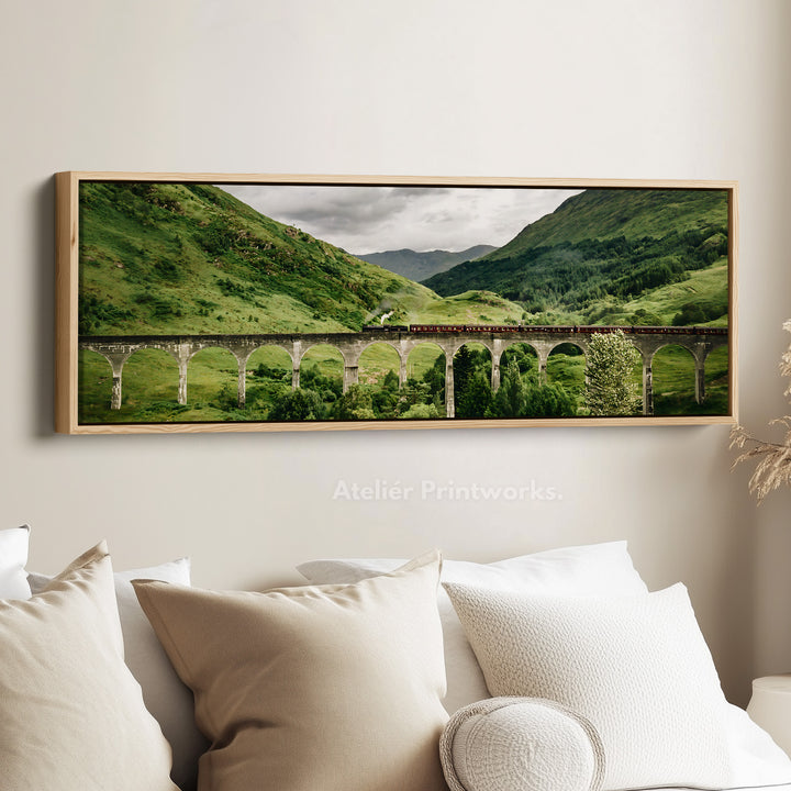 Long framed canvas train crossing glenfinnan viaduct in green highlands for living room or bedroom