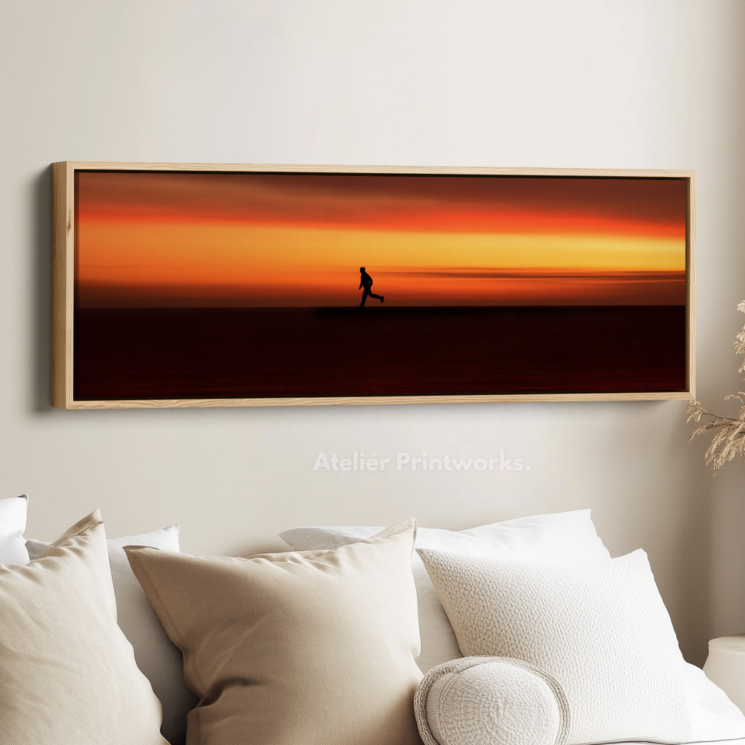 Horizontal wall art runner silhouette against intense sunset horizon for living room or bedroom