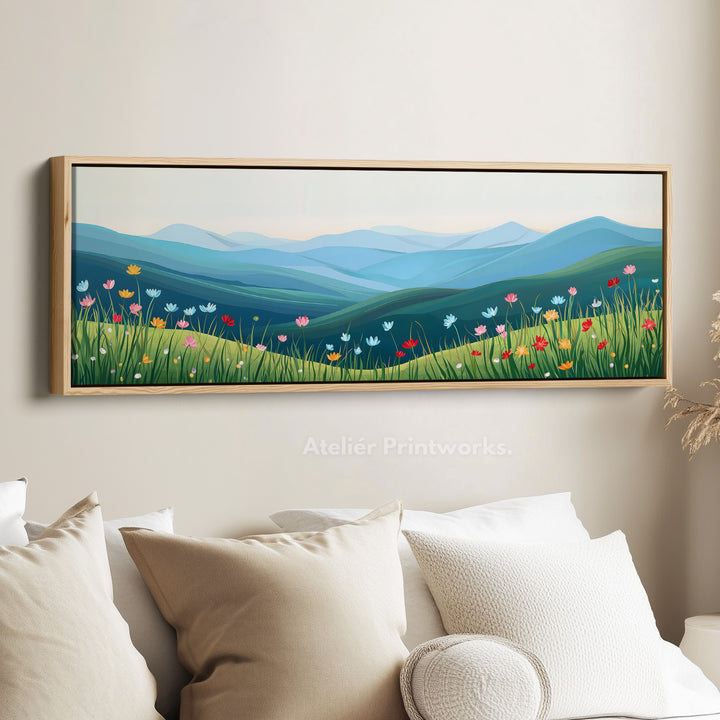 Horizontal Landscape Wall Art Green Blue Long Canvas Above Bed Scenic Nature Print