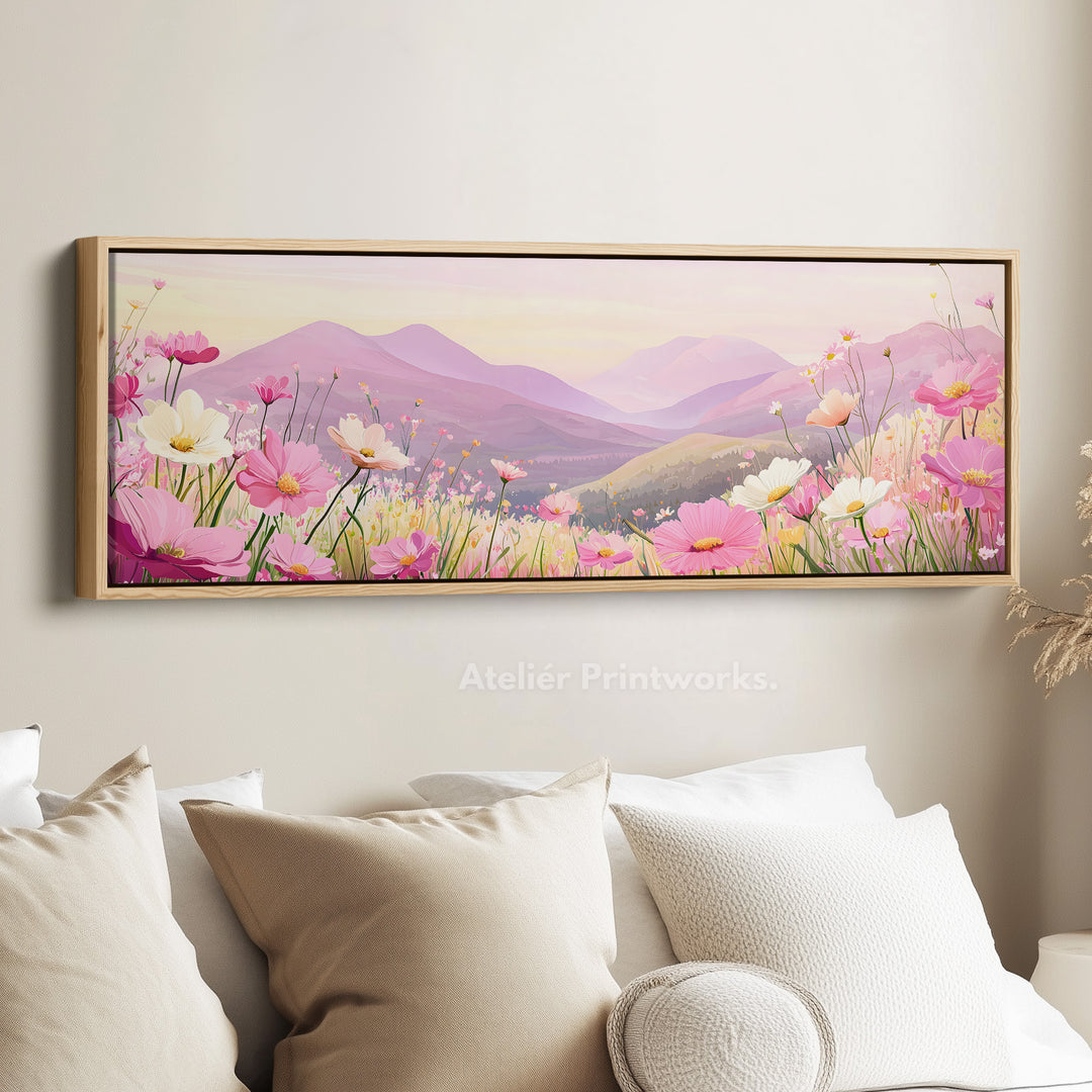 Horizontal Wall Art Pink Floral Meadow Long Canvas For Bedroom Or Living Room