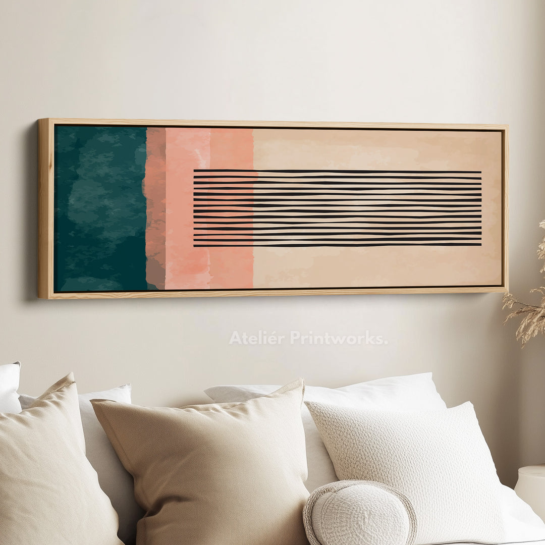 Panoramic Wall Art Teal Green And Coral Abstract Striped Design For Living Room