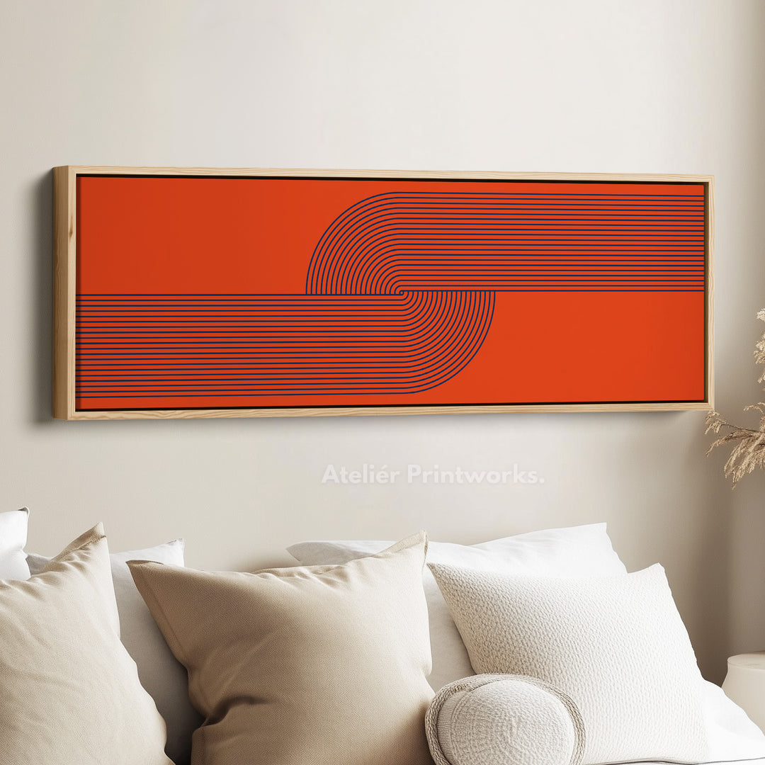 Panoramic Wall Art Orange And Navy Blue Mid Century Line Design For Living Room