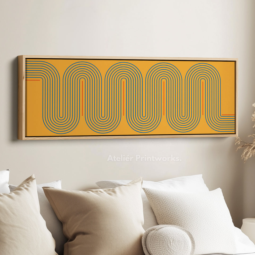 Wide Canvas Yellow And Blue Curved Line Art For Modern Kitchen Or Hallway