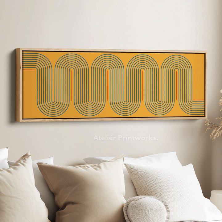 Wide Canvas Yellow And Blue Curved Line Art For Modern Kitchen Or Hallway