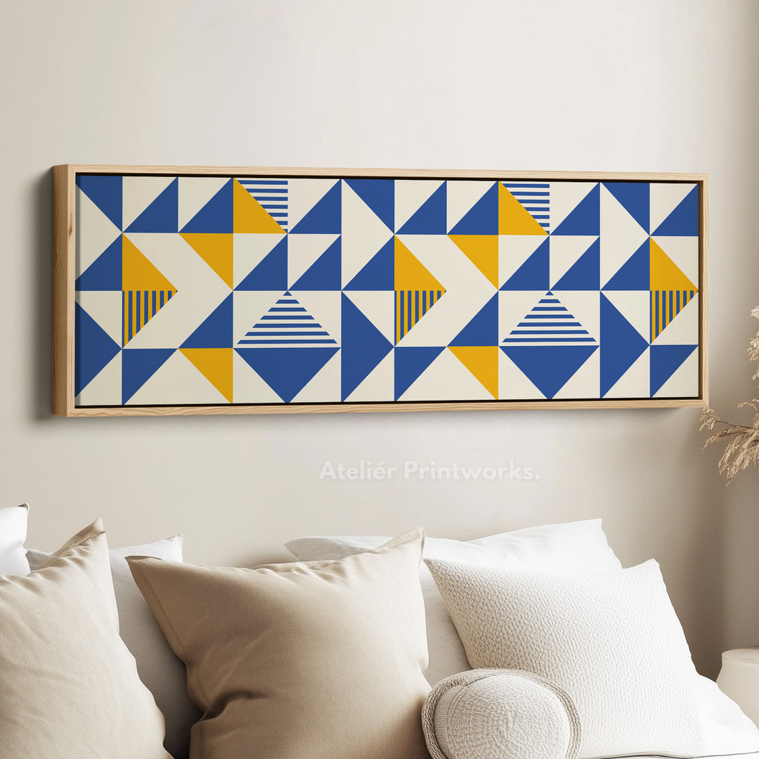 Long Framed Canvas Blue Yellow Beige Horizontal Geometric Wall Art
