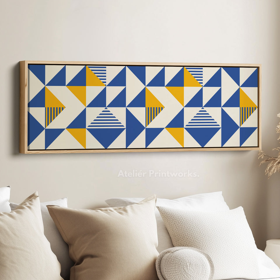 Long Framed Canvas Blue Yellow Beige Horizontal Geometric Wall Art