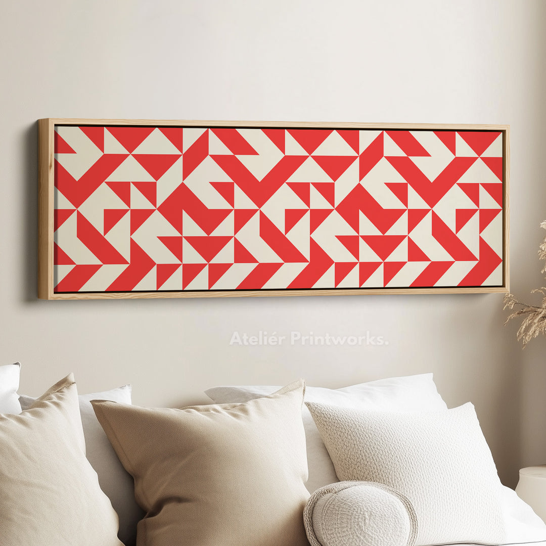 Horizontal Wall Art Red White Geometric Wide Canvas For Living Room