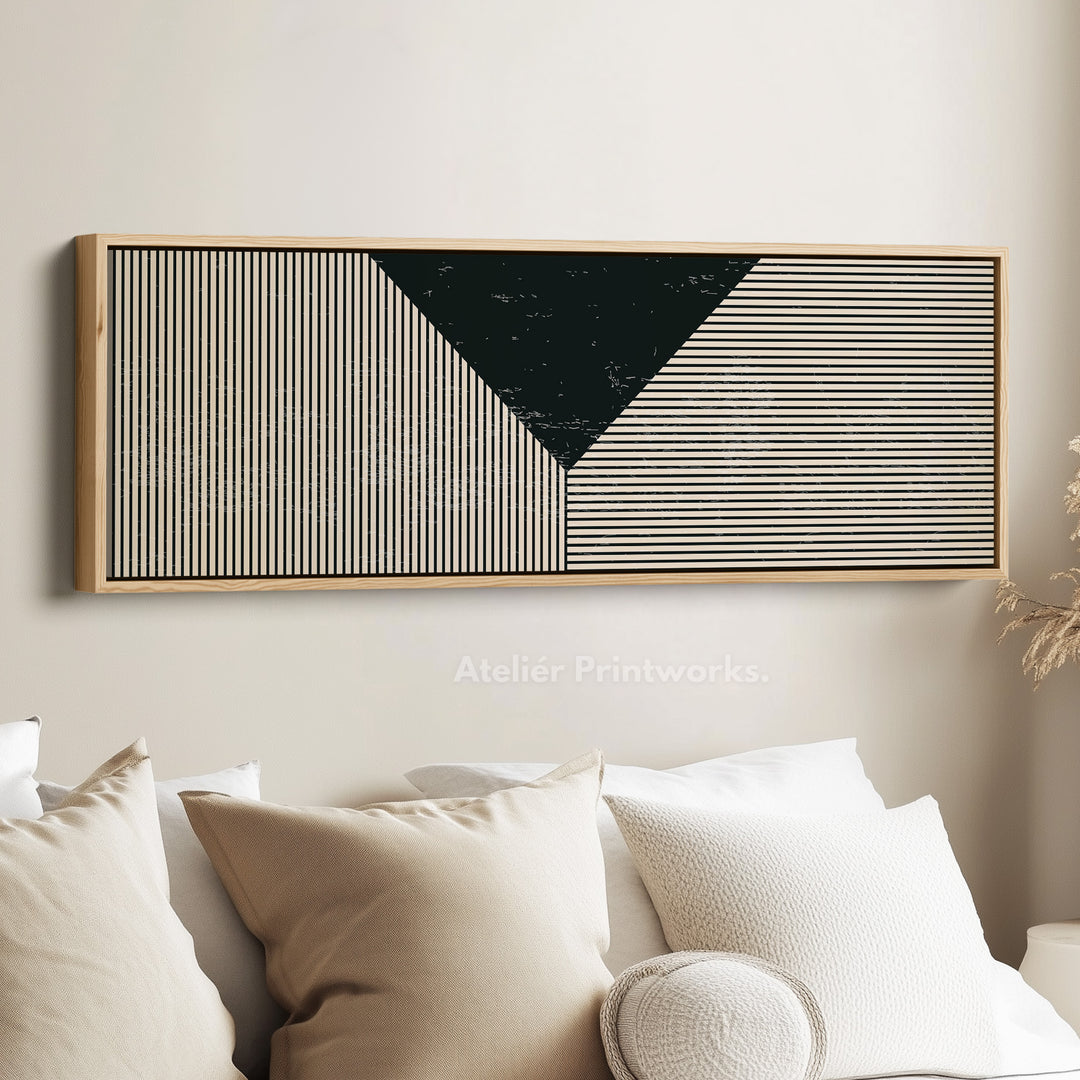 Long Framed Canvas Black Beige Geometric Wide Wall Art