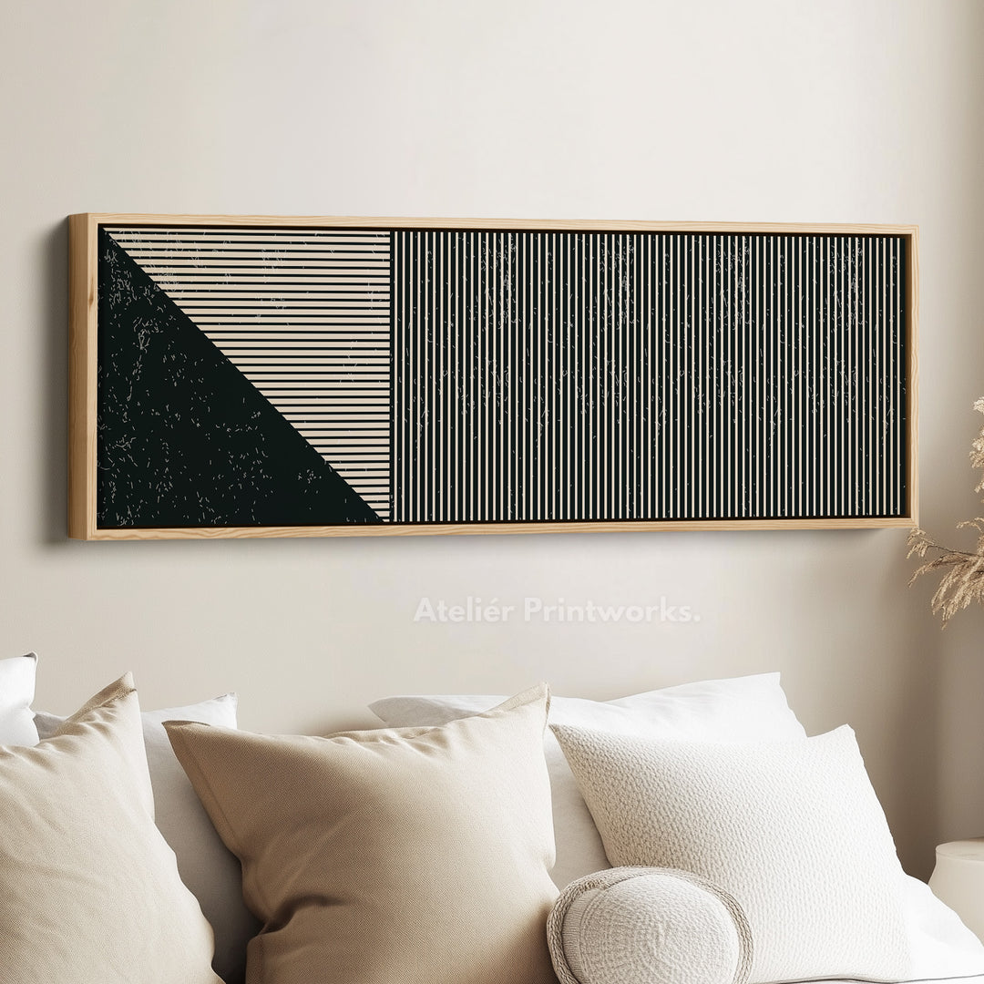 Wide Geometric Wall Art Beige Black Minimalist Long Canvas