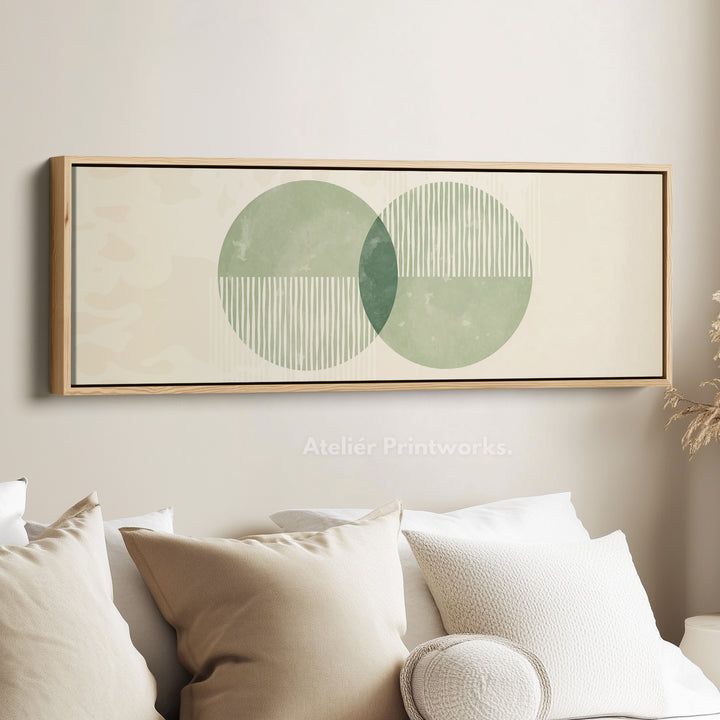 Panoramic Wall Art Dual Green Circles With Vertical Accents For Living Room