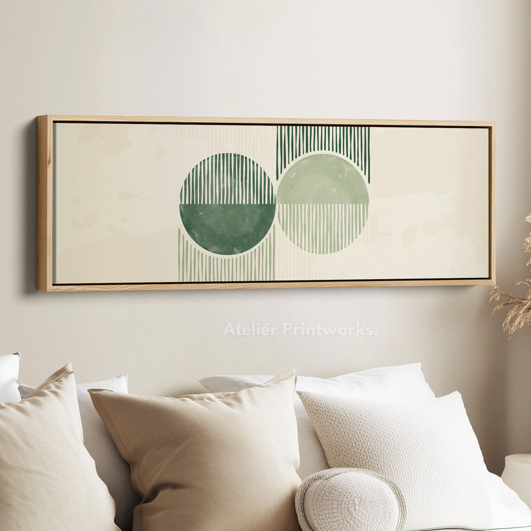 Long Framed Canvas Modern Green Circles With Textured Stripes For Living Spaces