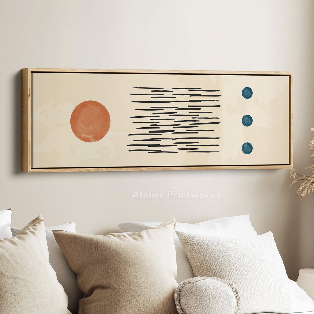 Wide Wall Art Orange And Blue Elements With Graphic Linework For Living Room