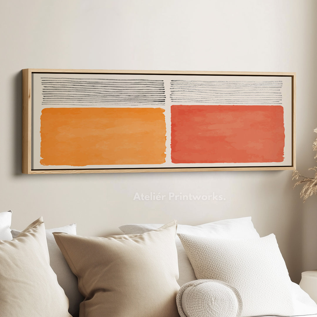 Wide Wall Art Orange And Beige Blocks With Grey Linework