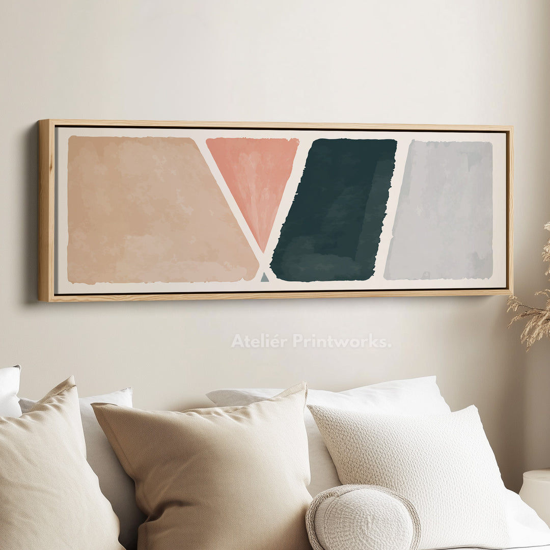 Long Narrow Canvas Modern Geometric In Beige Pink And Deep Green