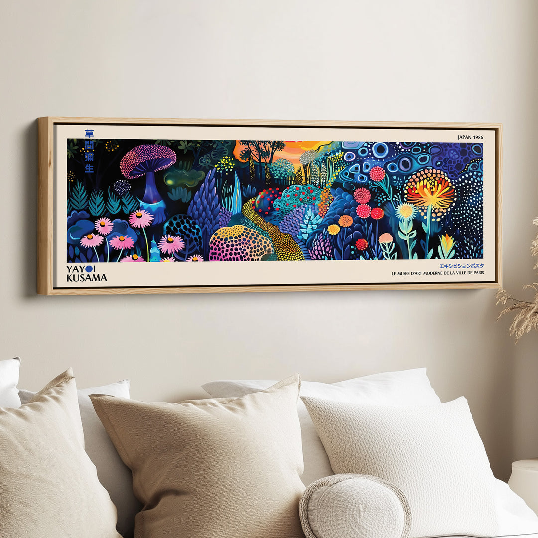 Yayoi Kusama Horizontal Wall Art Dotted Floral Landscape Long Canvas For Living Room