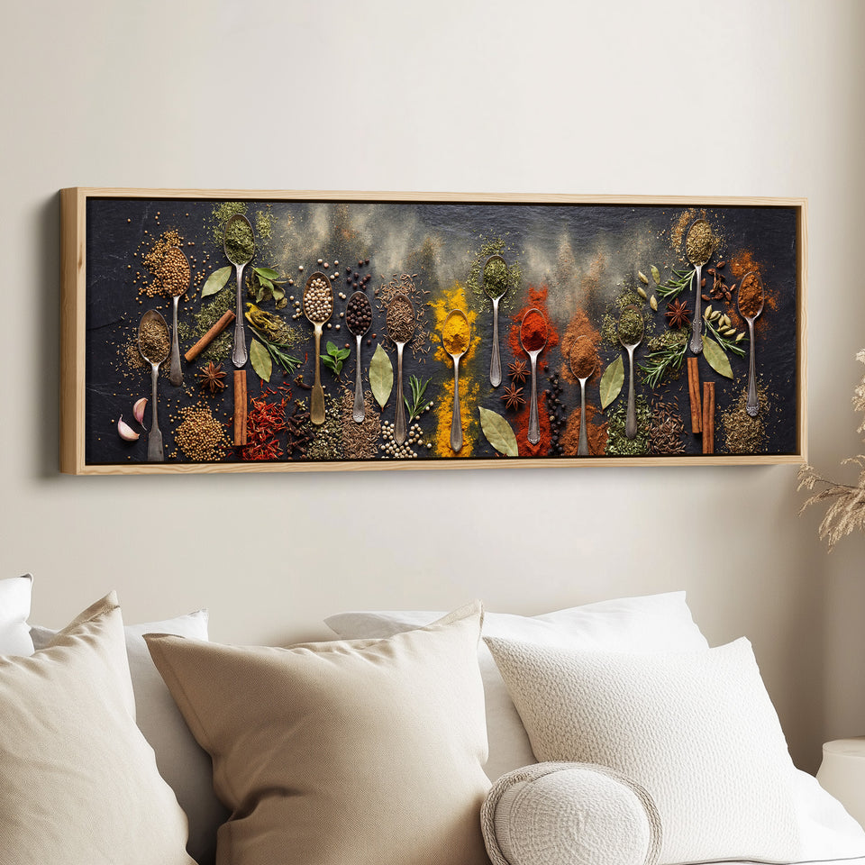 Wide Wall Art Assorted Spices On Spoons Long Canvas For Kitchen