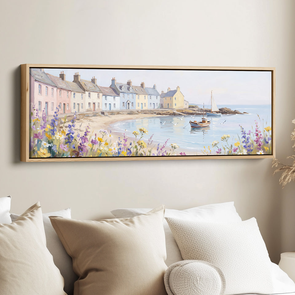 Panoramic Wall Art Pastel Seaside Cottages Long Canvas For Living Room